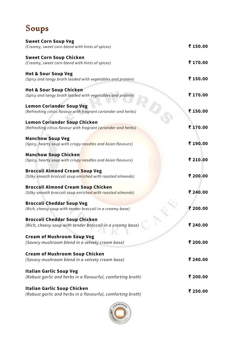 Forwords Library Cafe menu