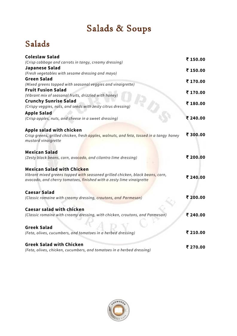 Forwords Library Cafe menu