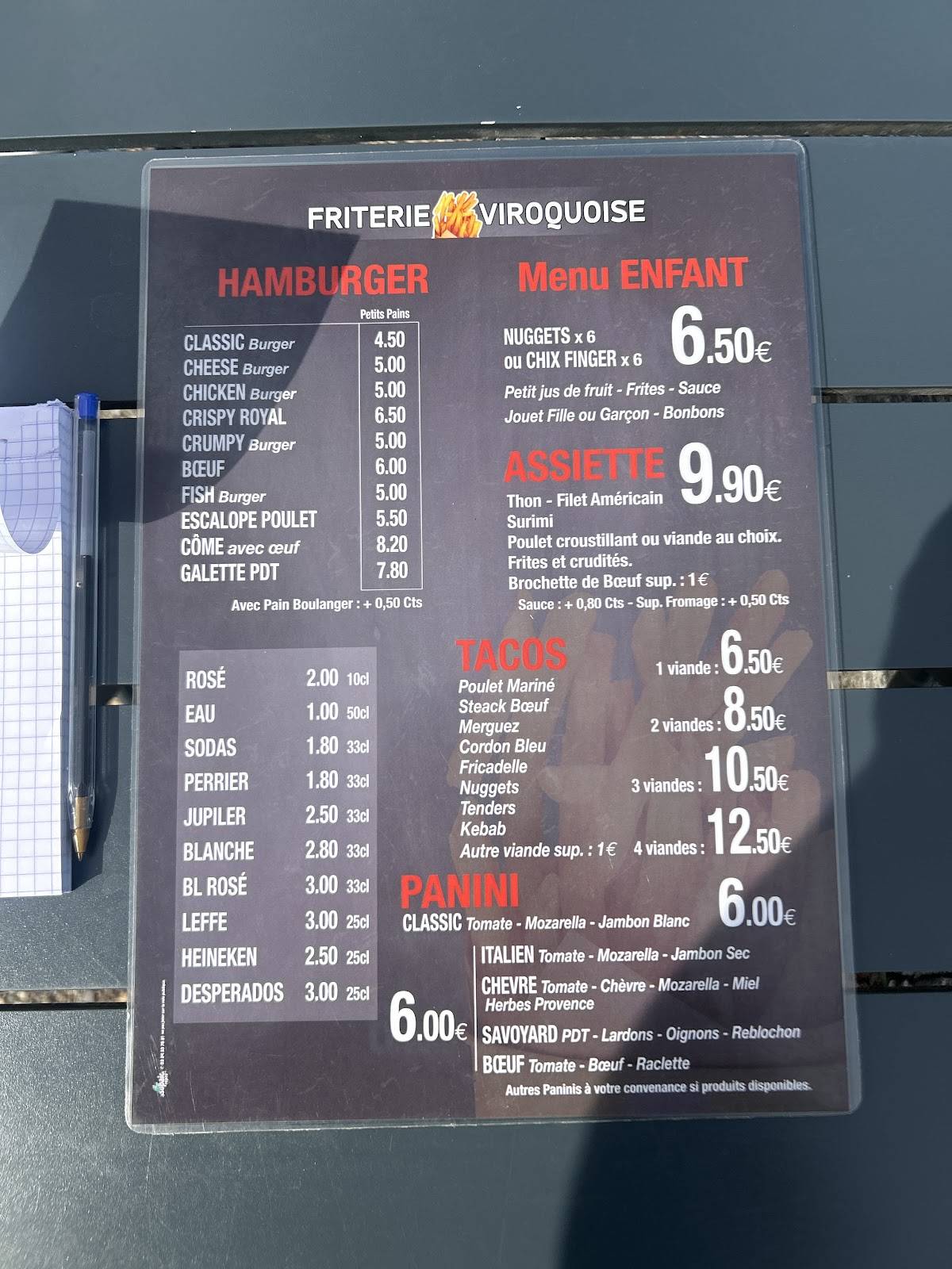 Menu de Friterie Viroquoise