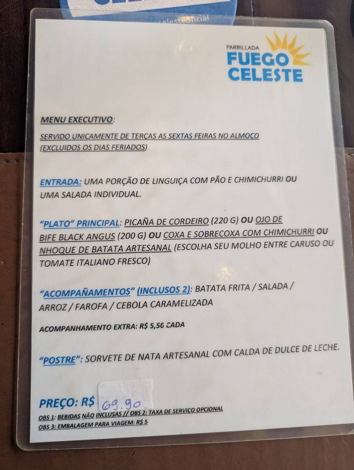 Parrillada Fuego Celeste - Unidade Moema cardápio