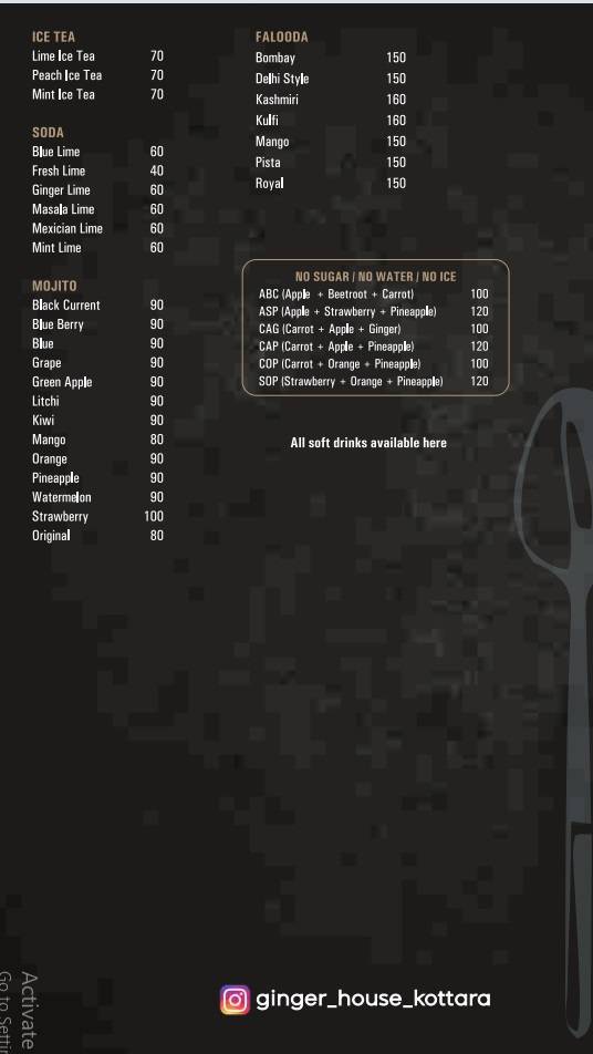 Menu at GINGER HOUSE RESTAURANT KOTTARA, Mangaluru