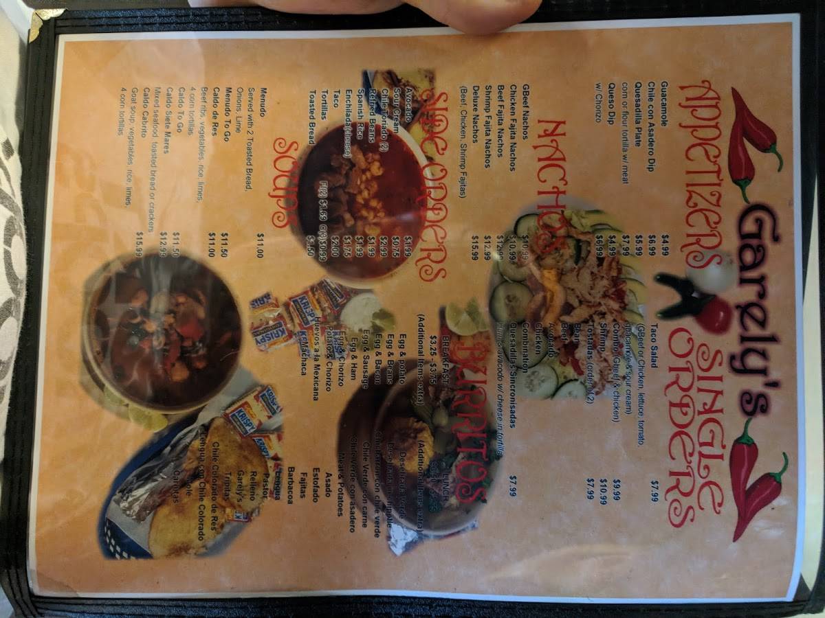 Menu at Garely's Mexican Restaurant Midland, Midland