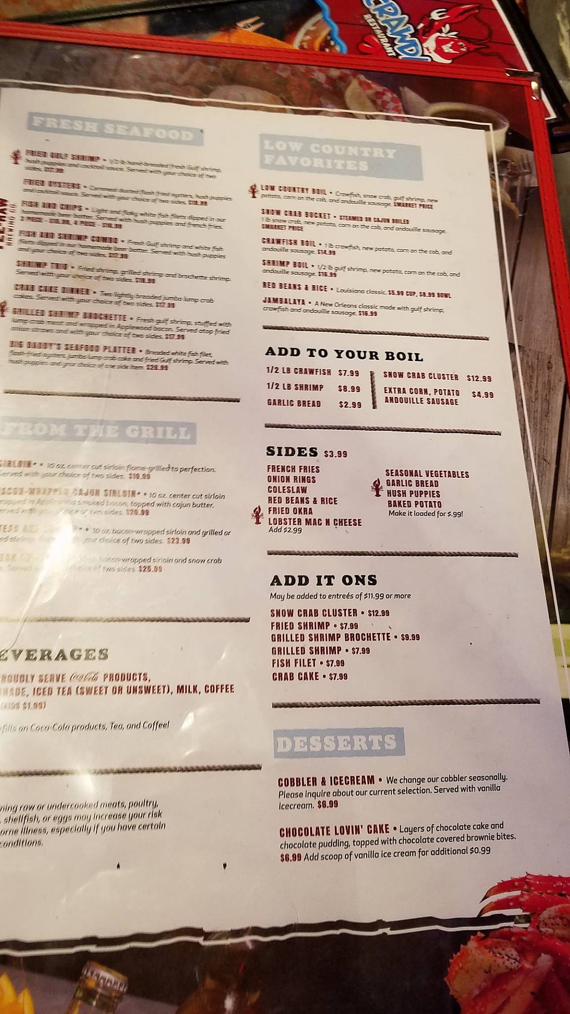 Menu at Crawdaddy’s Restaurant & Oyster Bar, Gatlinburg, 762 Parkway 5