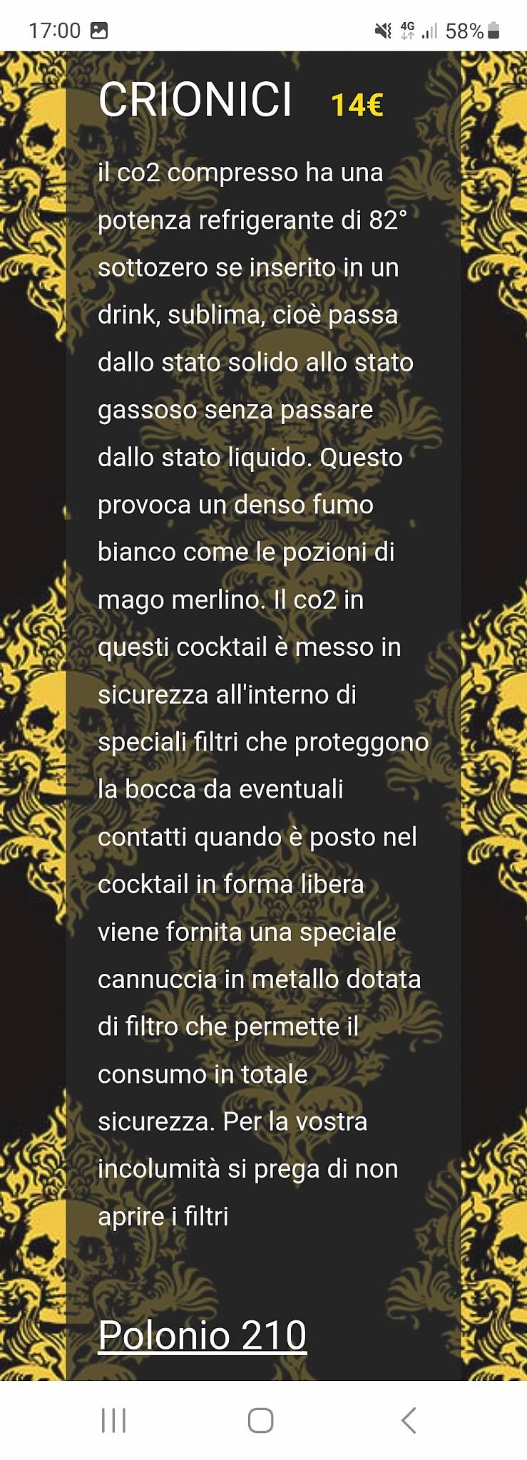 Menu di Gazebo di Nottingham -cocktail lounge- 