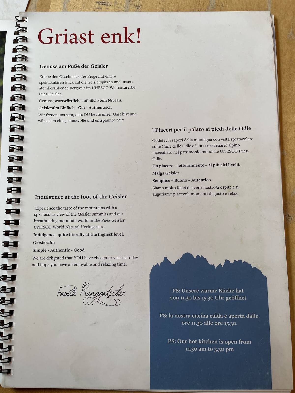 Menu di Rifugio Odle - Geisleralm 