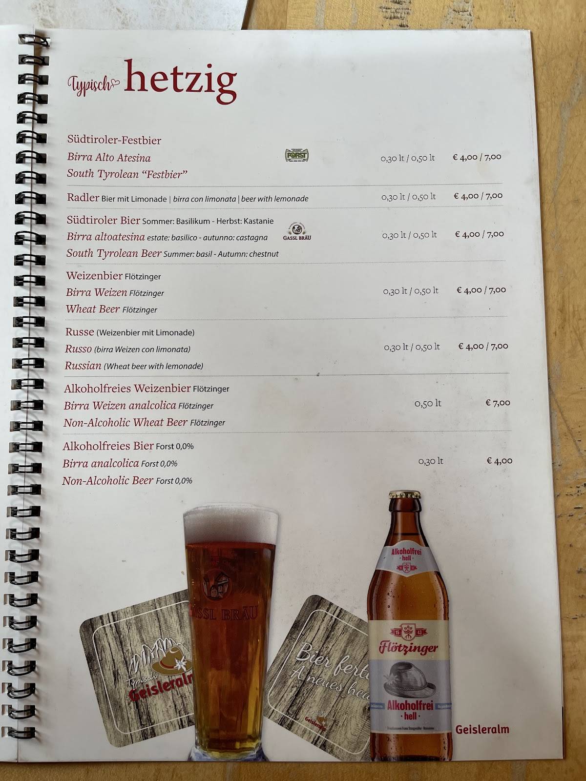 Menu di Rifugio Odle - Geisleralm 