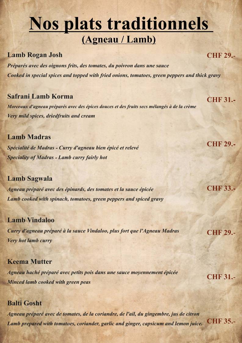 Menu di Le Safran - Restaurant Indien à Genève 