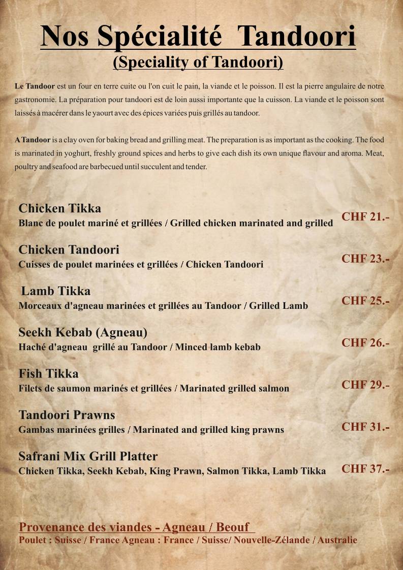 Menu di Le Safran - Restaurant Indien à Genève 