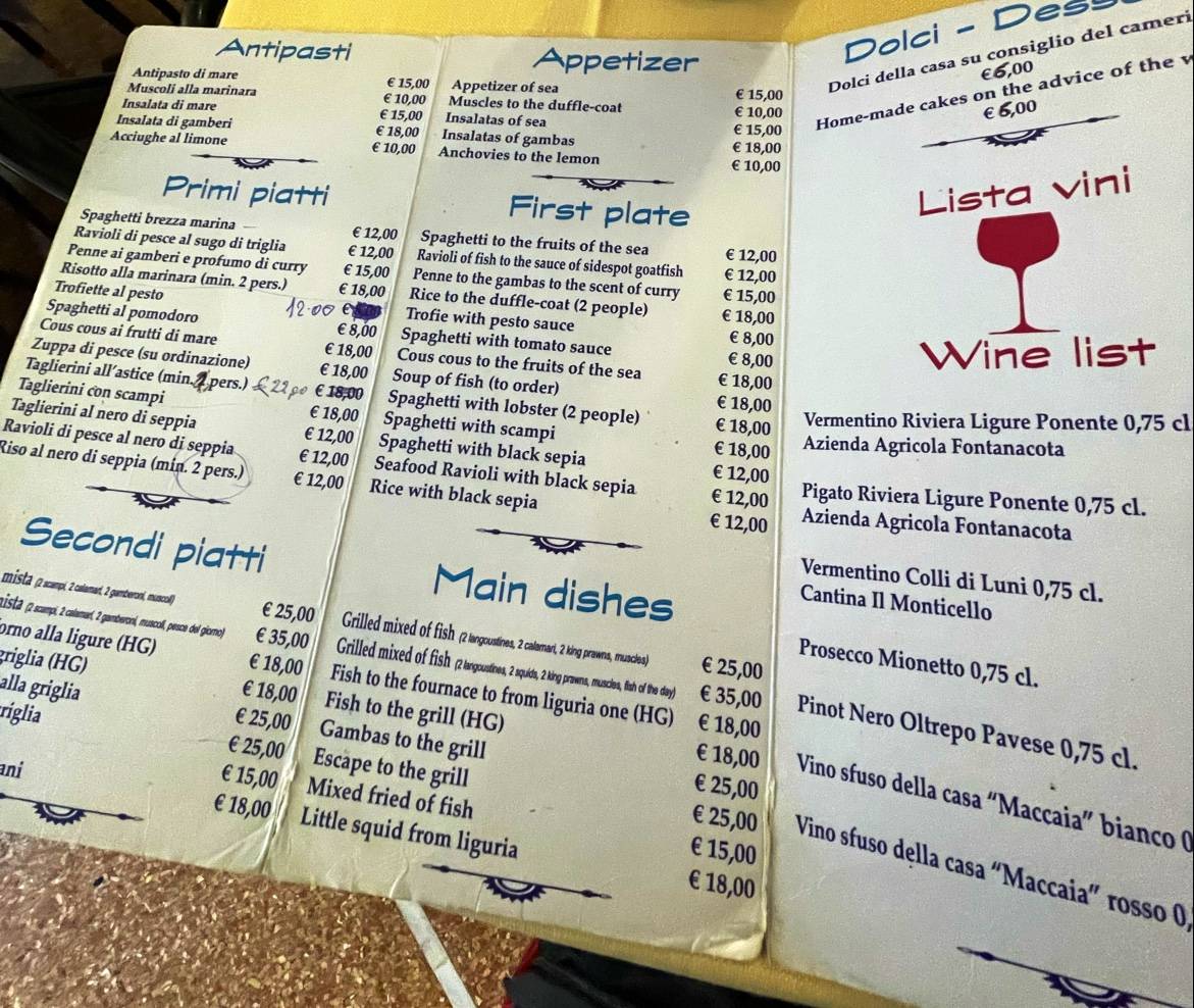 Menu di La Perla 