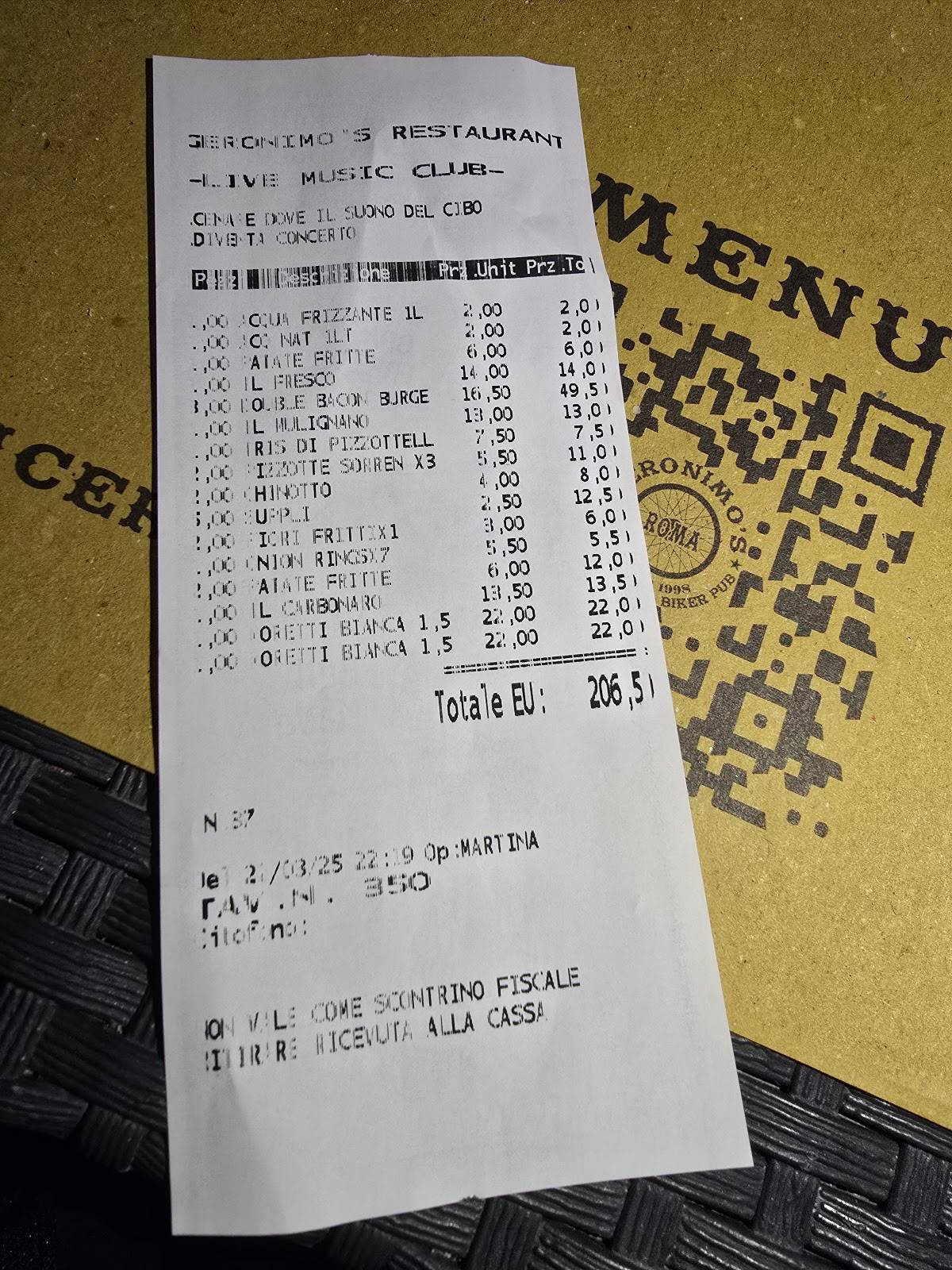 Menu di Geronimo's Restaurant & Live Music 