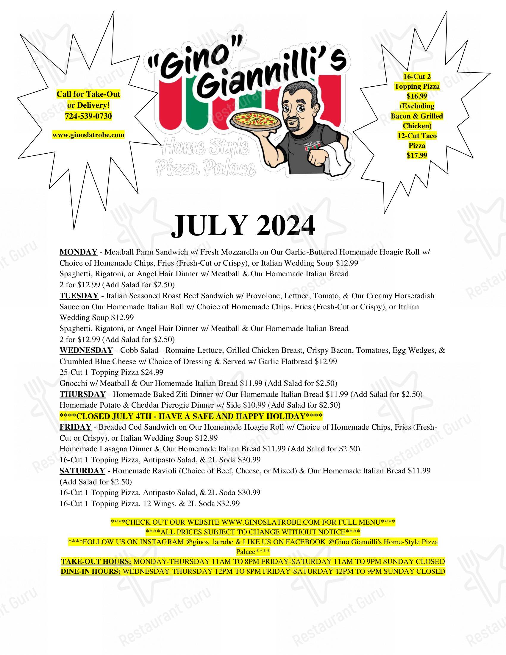 Carta de pizzería Gino Giannilli's Homestyle Pizza Palace, Latrobe