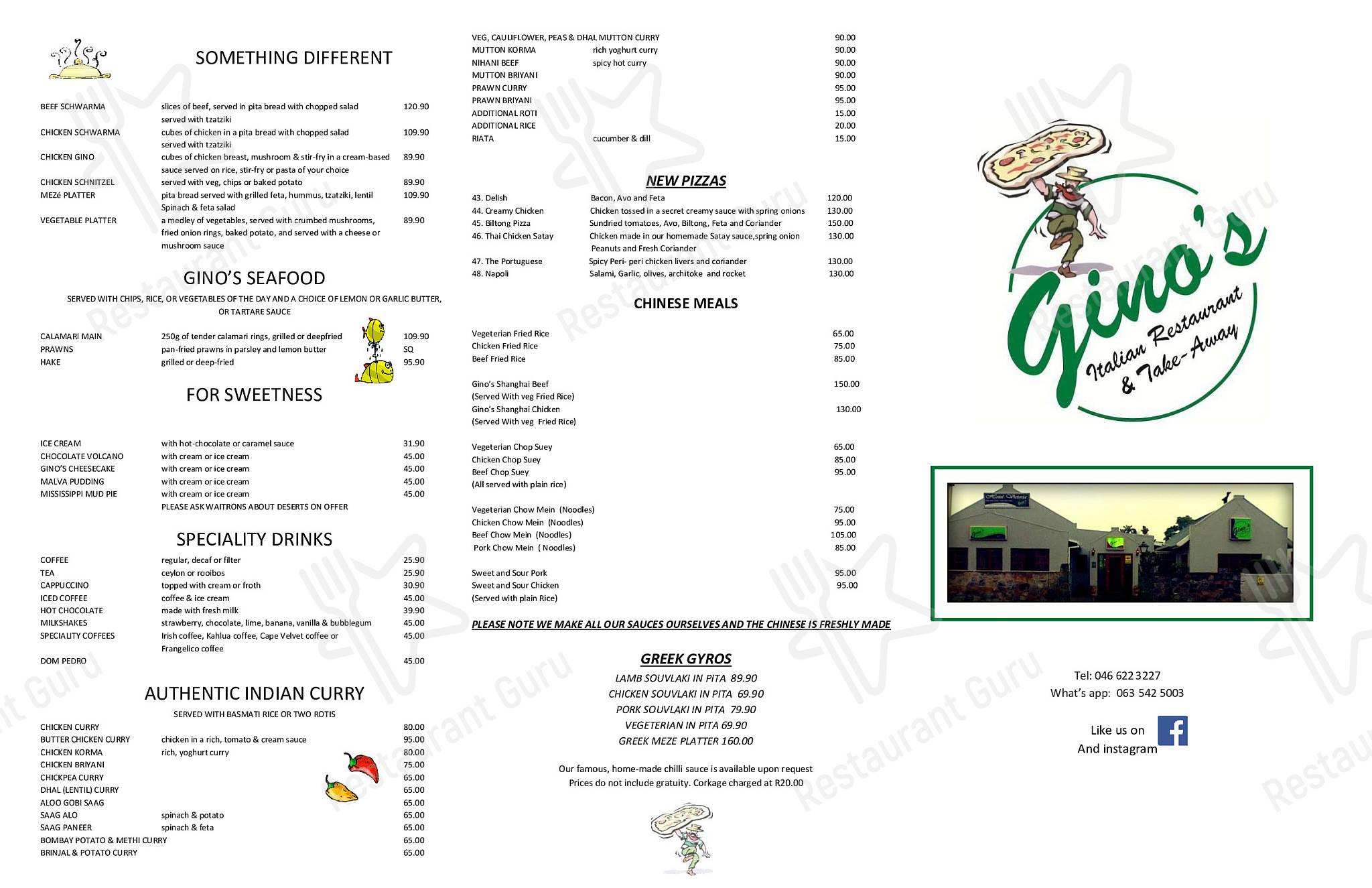 Menu at Gino's Italian Restaurant & TakeAway, South Africa