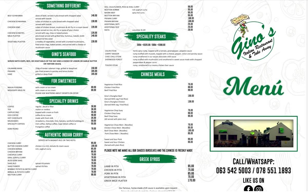 Menu at Gino's Italian Restaurant & Take-Away, Grahamstown
