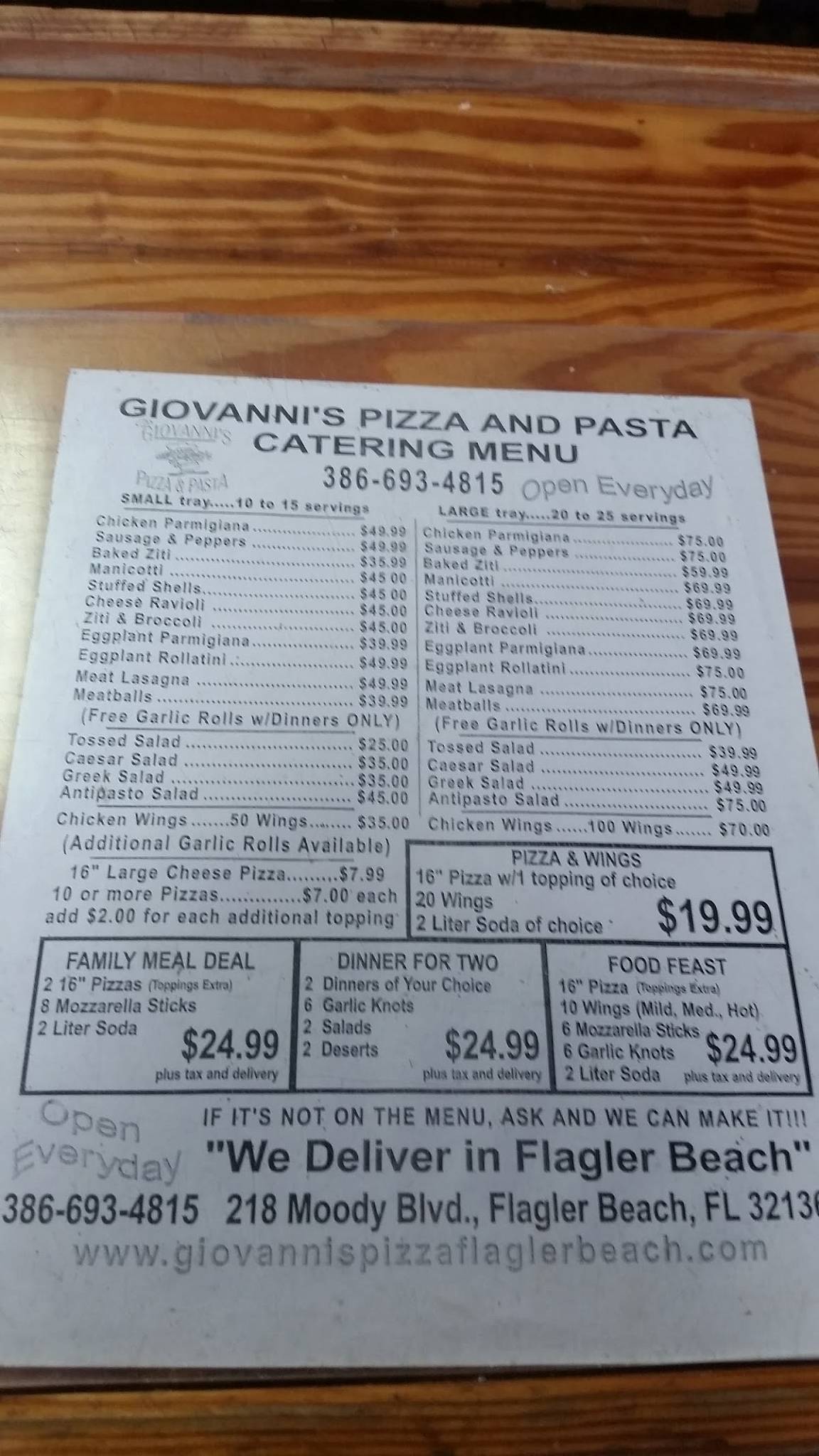 Menu at Giovanni's Pizza & Pasta pizzeria, Flagler Beach, 220 Moody Blvd