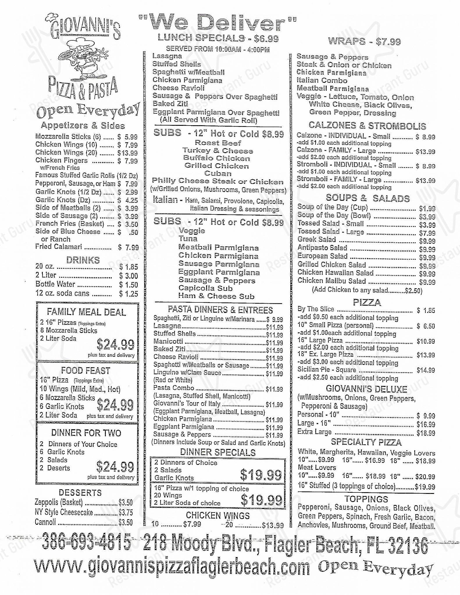 Menu at Giovanni's Pizza & Pasta pizzeria, Flagler Beach, 220 Moody Blvd