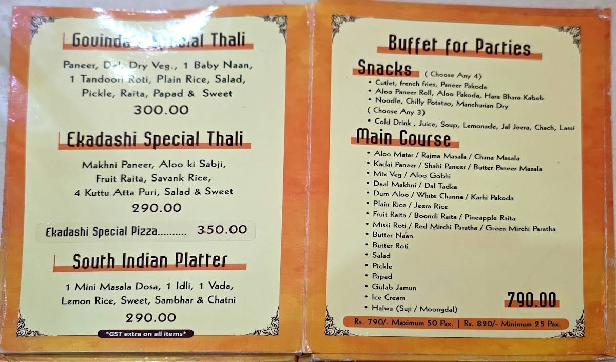 Govinda's Resturant menu