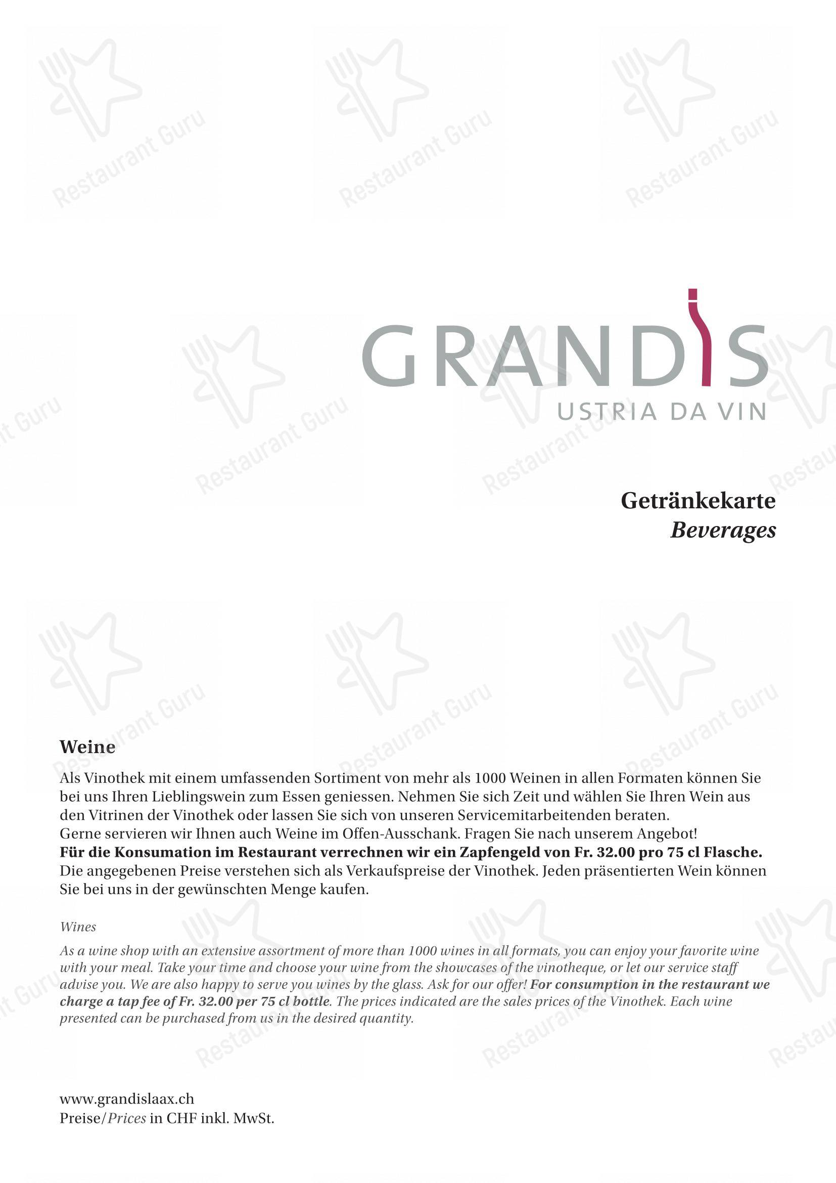 Grandis Ustria da Vin in Laax - 菜单