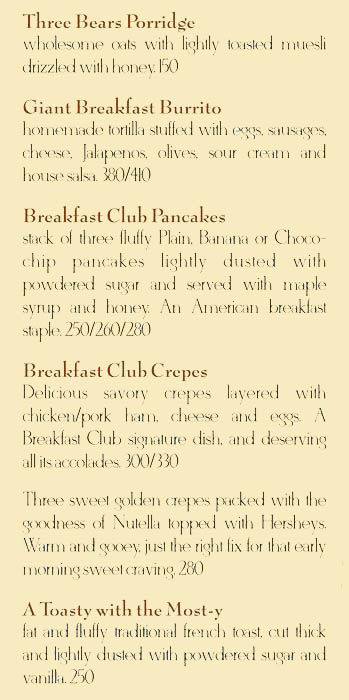 The Breakfast Club menu