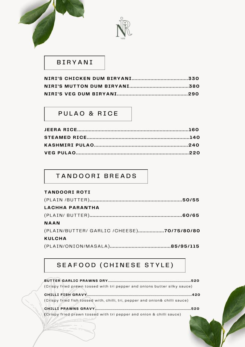 Niri's Park View Restaurant menu