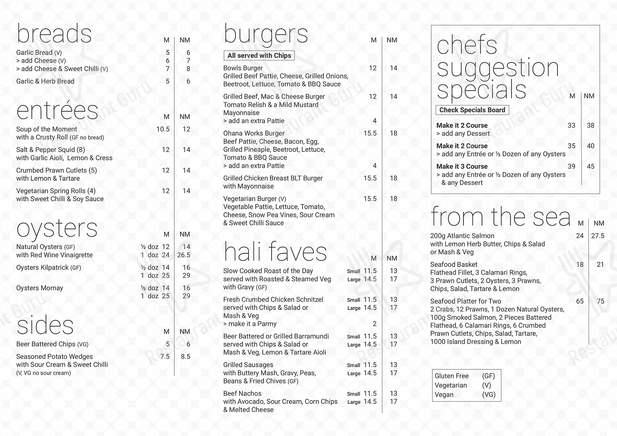 Menu at Halekulani Bowling Club, Budgewoi
