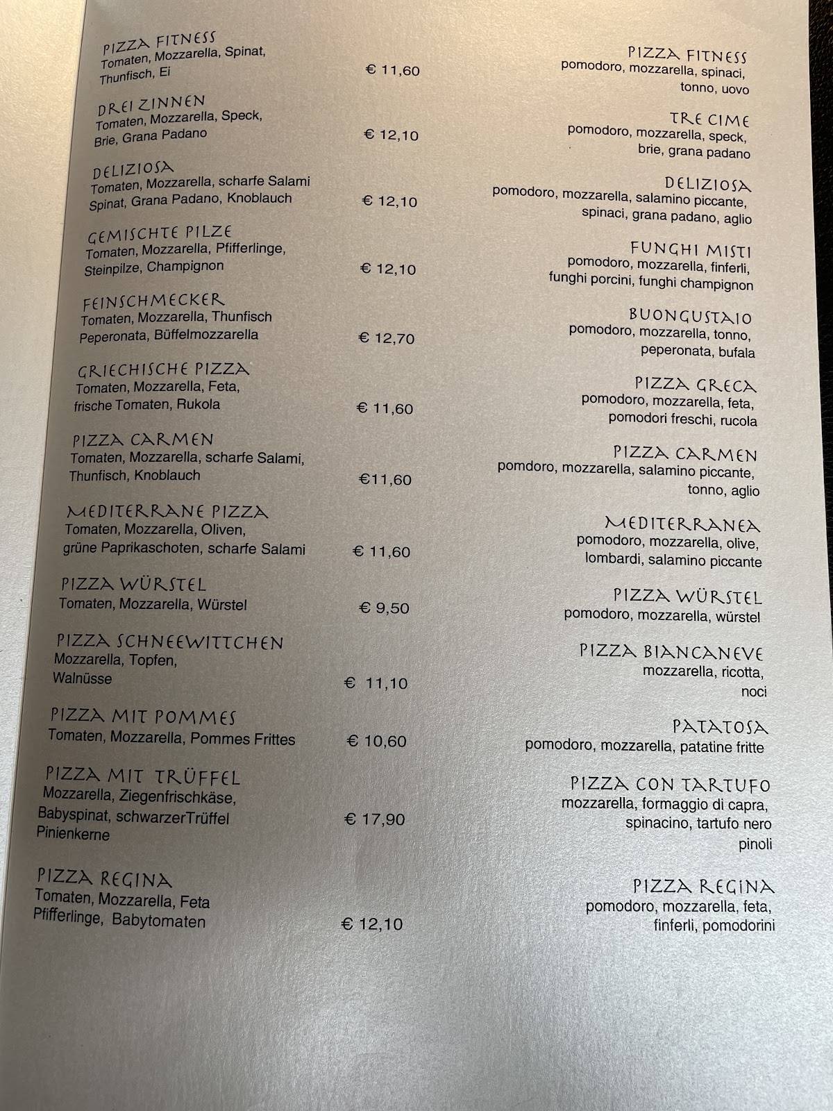 Menu di Pizzeria Hans 