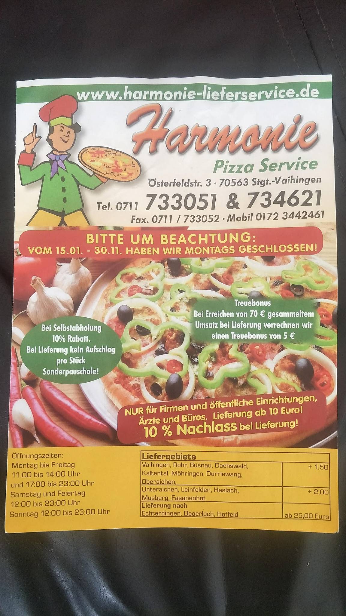 Menu de Harmonie Pizza Service