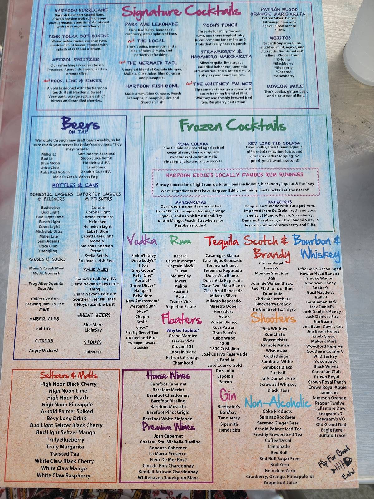 Menu at Harpoon Eddie's pizzeria, Sylvan Beach