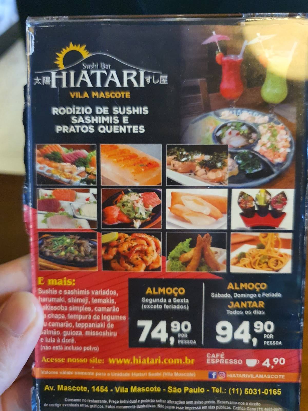 Hiatari Sushi Vila Mascote cardápio