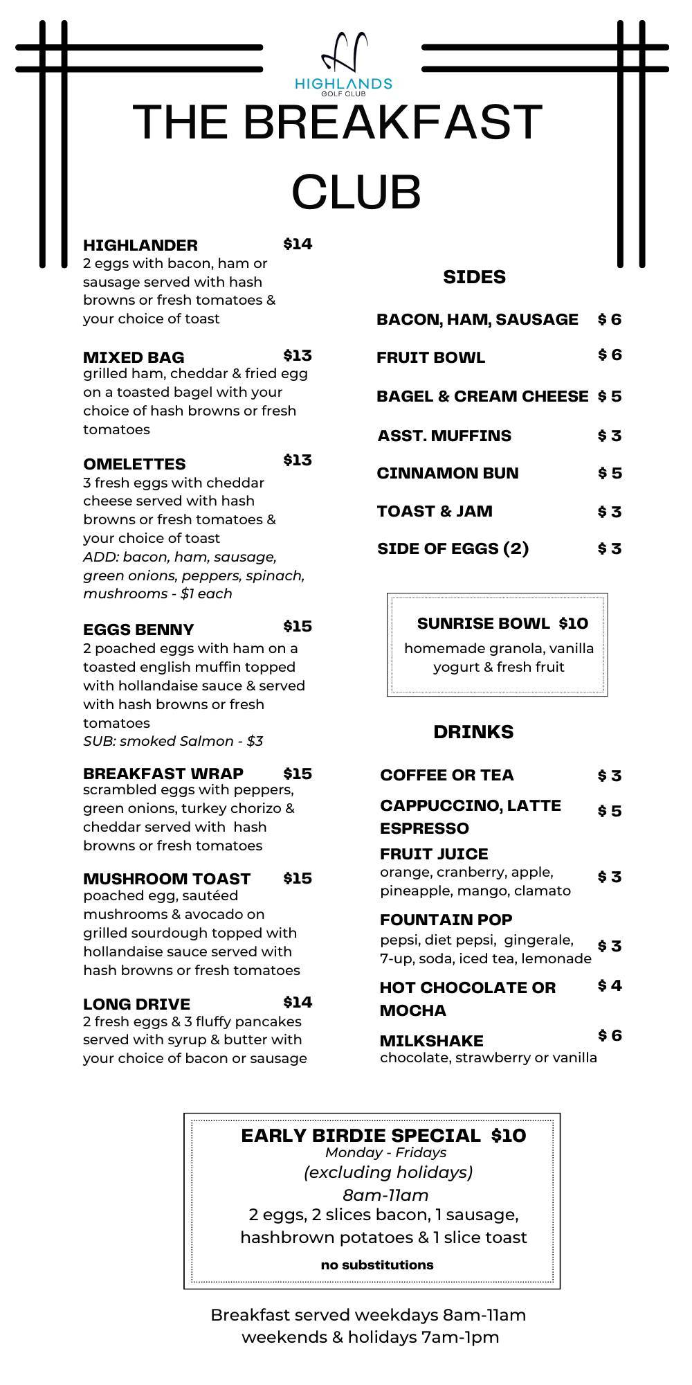 Menu at Highlands Golf Club, Edmonton