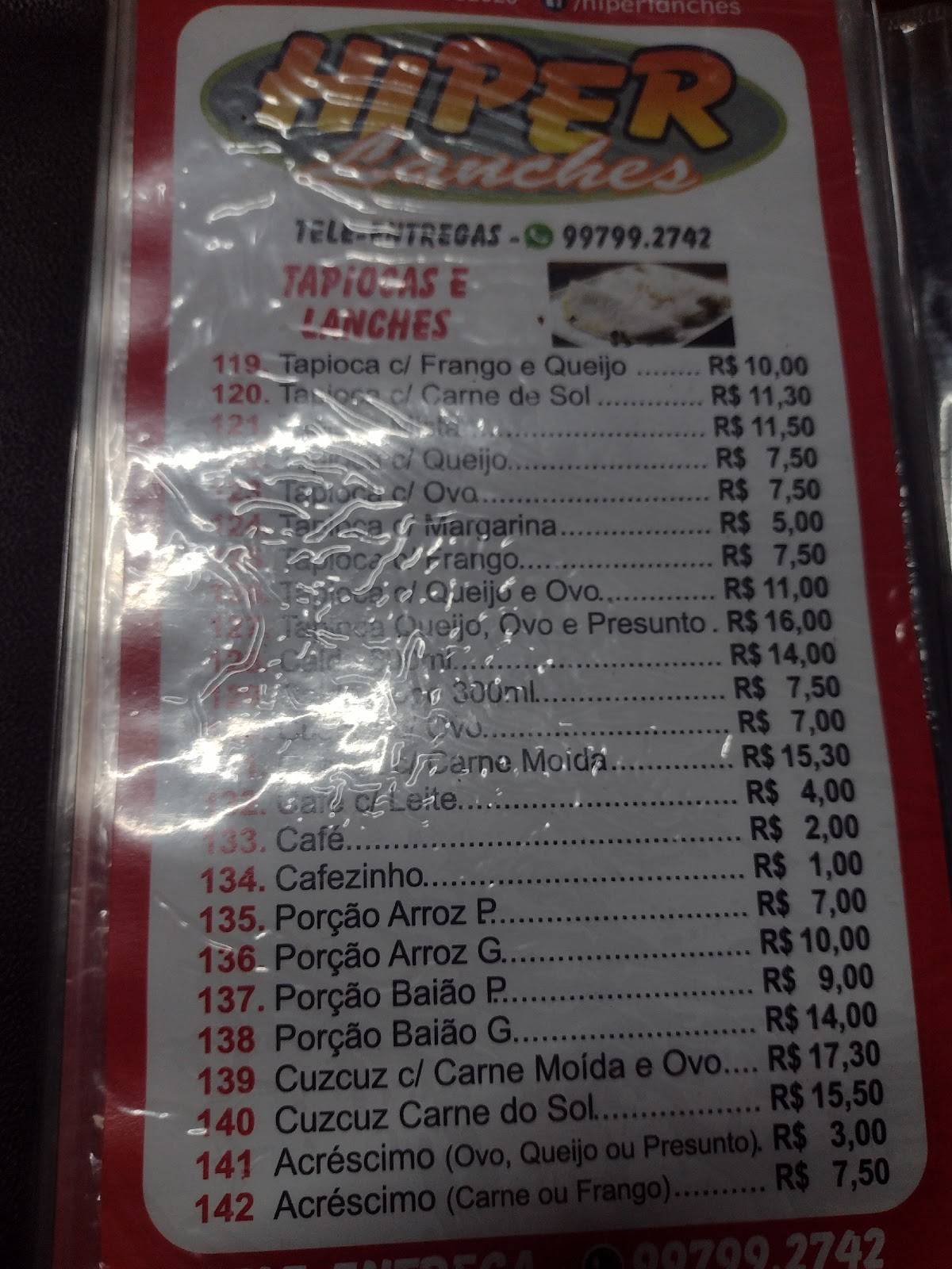 Hiper Lanches cardápio
