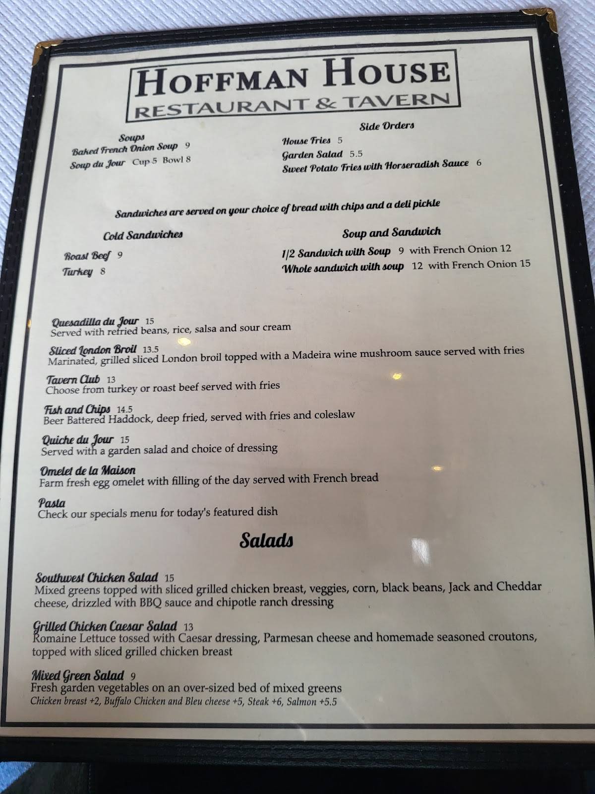 Menu at Hoffman House restaurant, Kingston