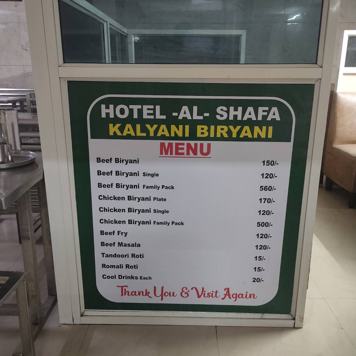 Hotel Alshafa Kalyani Biryani menu
