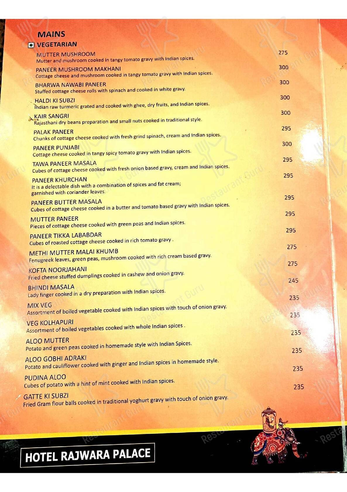 Hotel Rajwara Palace Jodhpur menu