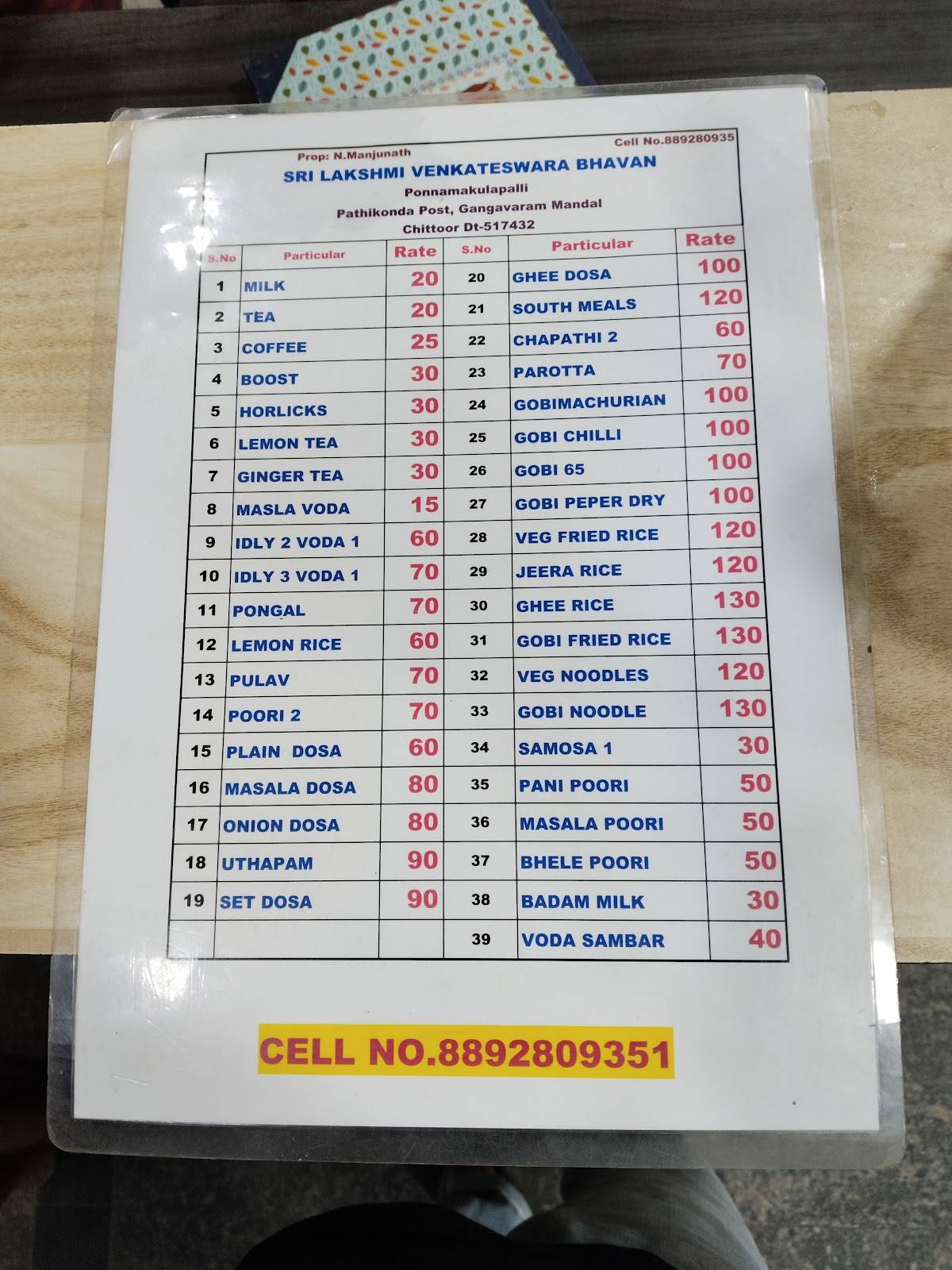 Hotel Sri Lakshmi Venkateswara menu