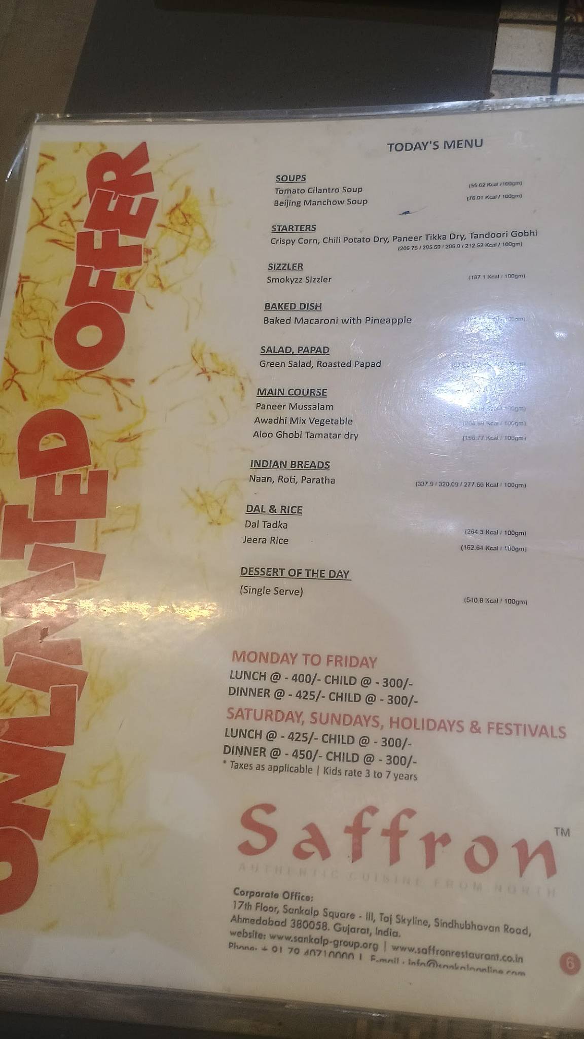 Saffron Restaurant menu