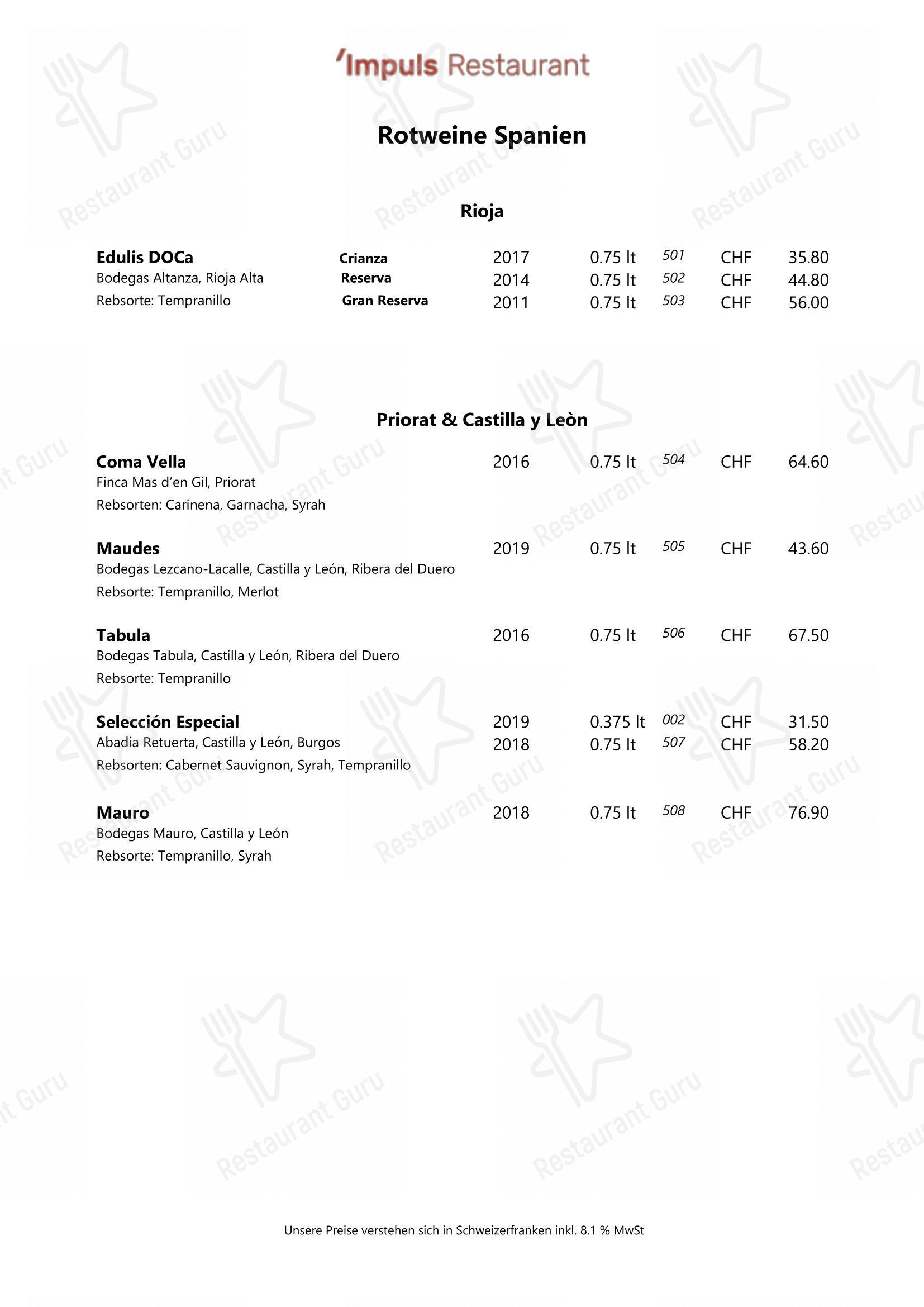 Menu di IMPULS - Restaurant - Menu bar