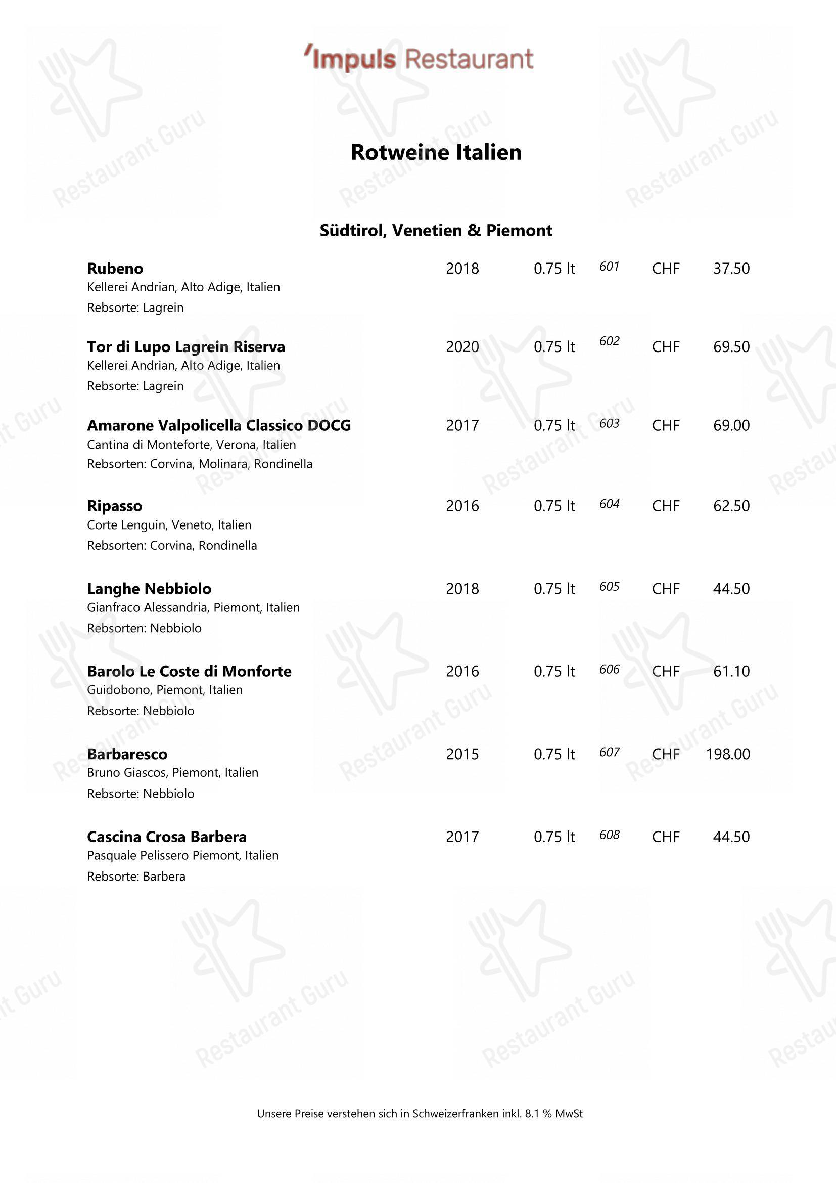 Menu bar per IMPULS - Restaurant ristorante