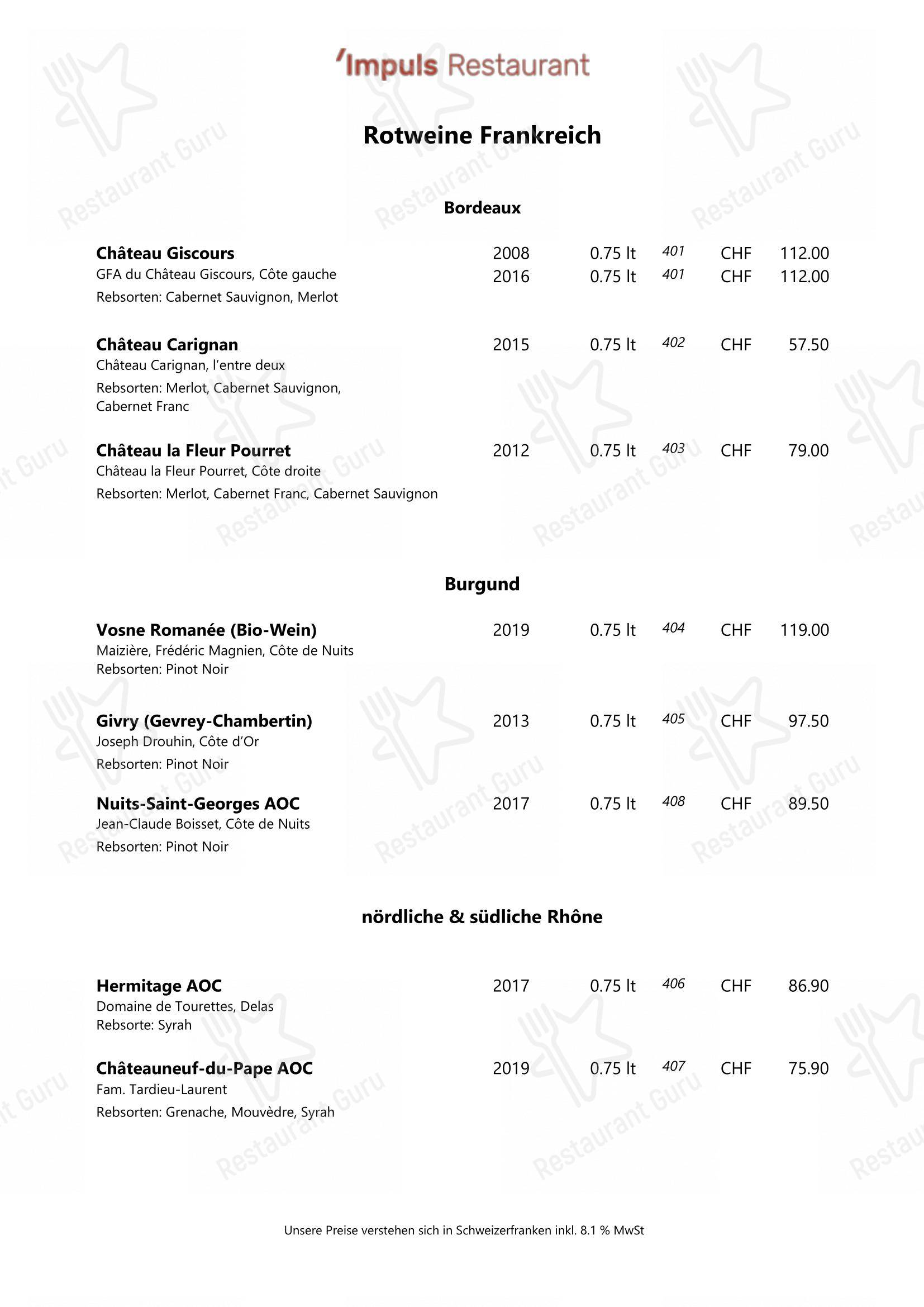 Menu bar per IMPULS - Restaurant ristorante