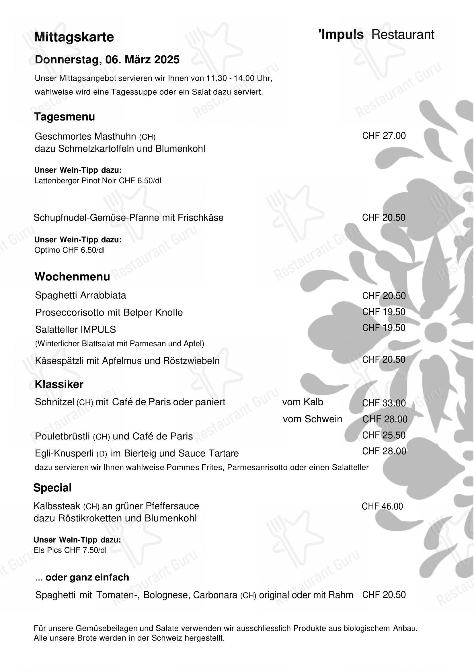 Dinner Menu per IMPULS - Restaurant in Wetzikon