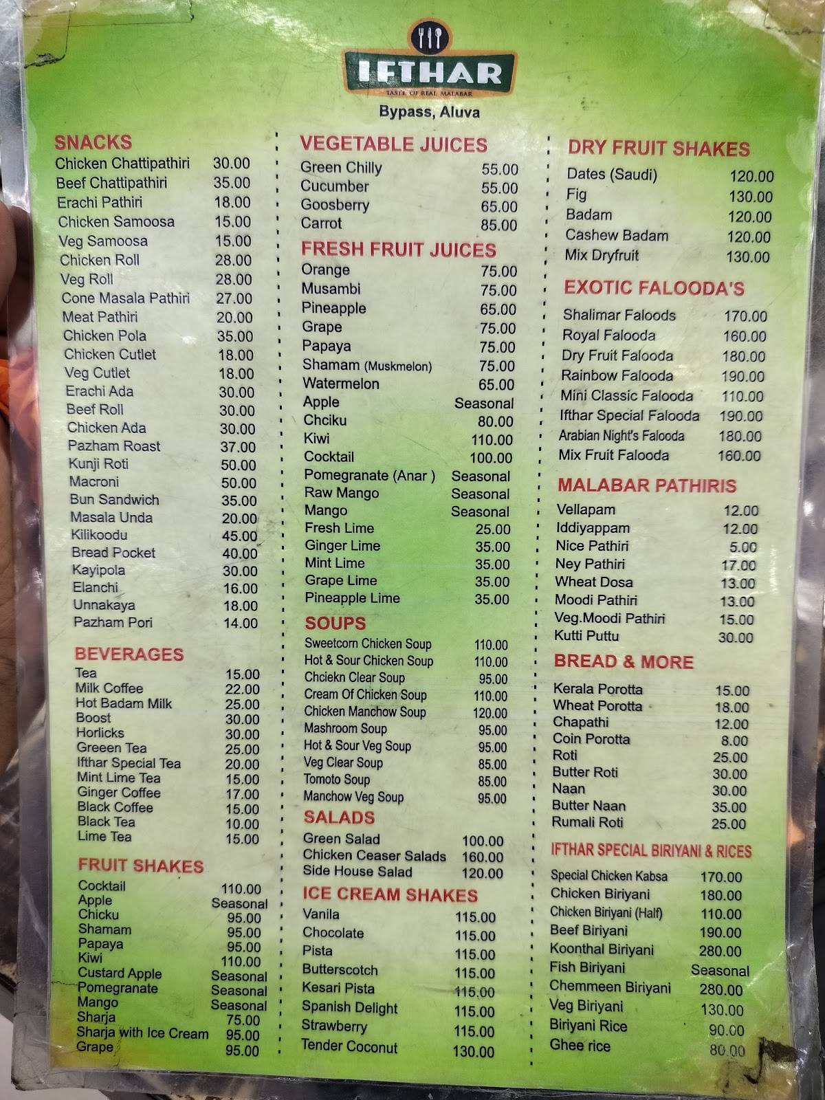 Ifthar Restaurant - Aluva menu