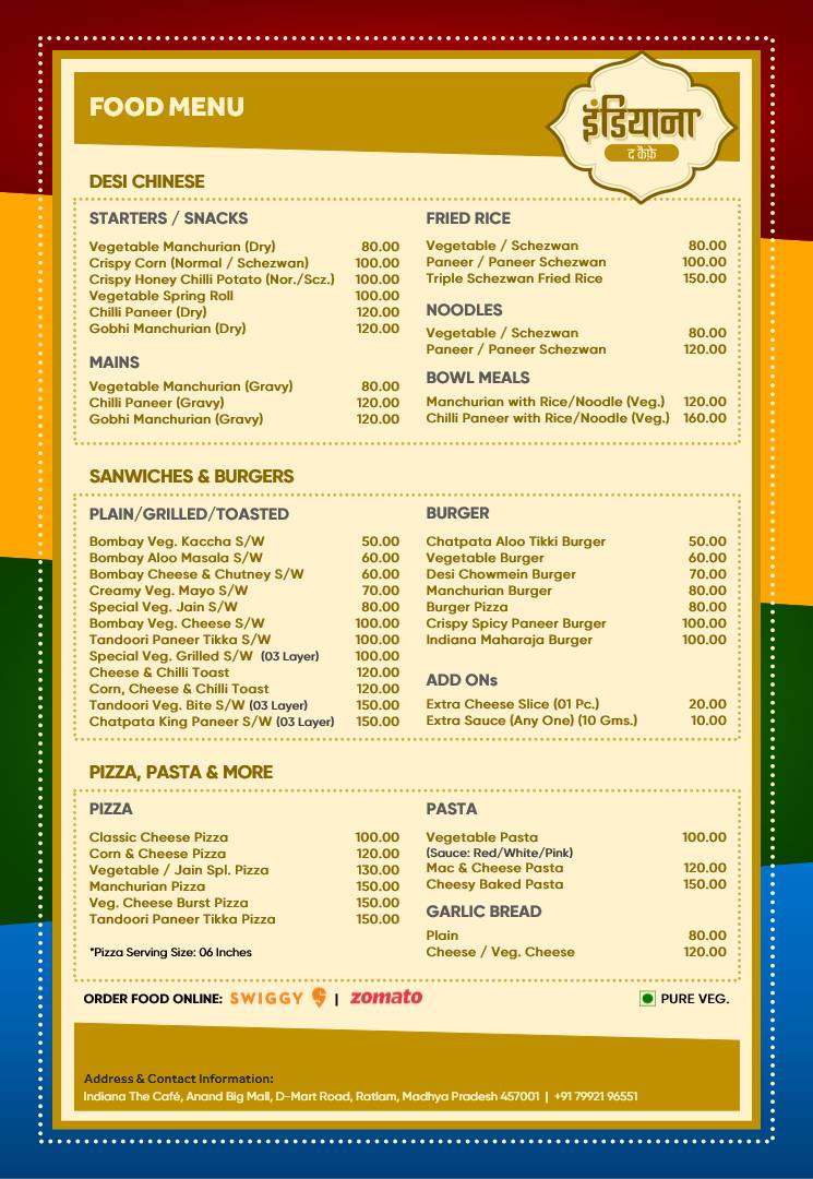 Indiana The Café menu