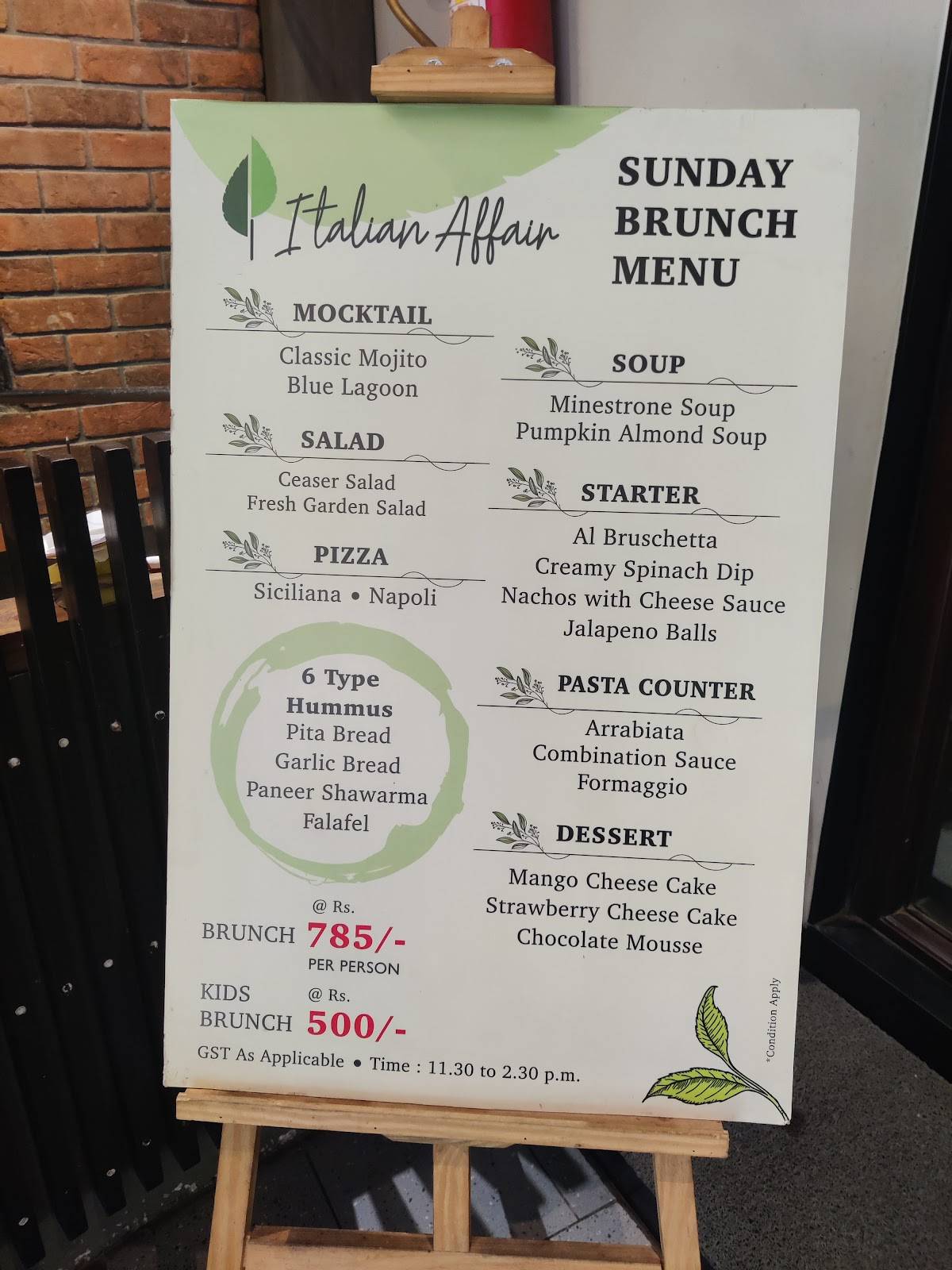 Italian Affair menu