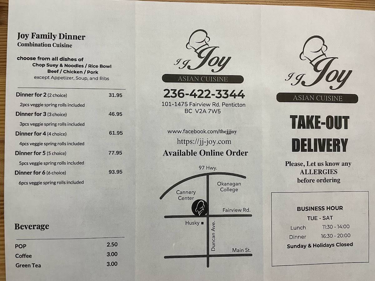 Menu at JJ Joy restaurant, Penticton