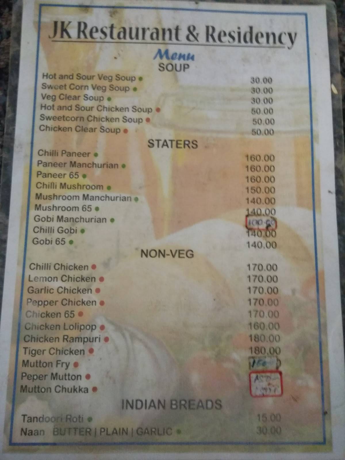 JK Residency Restaurant menu