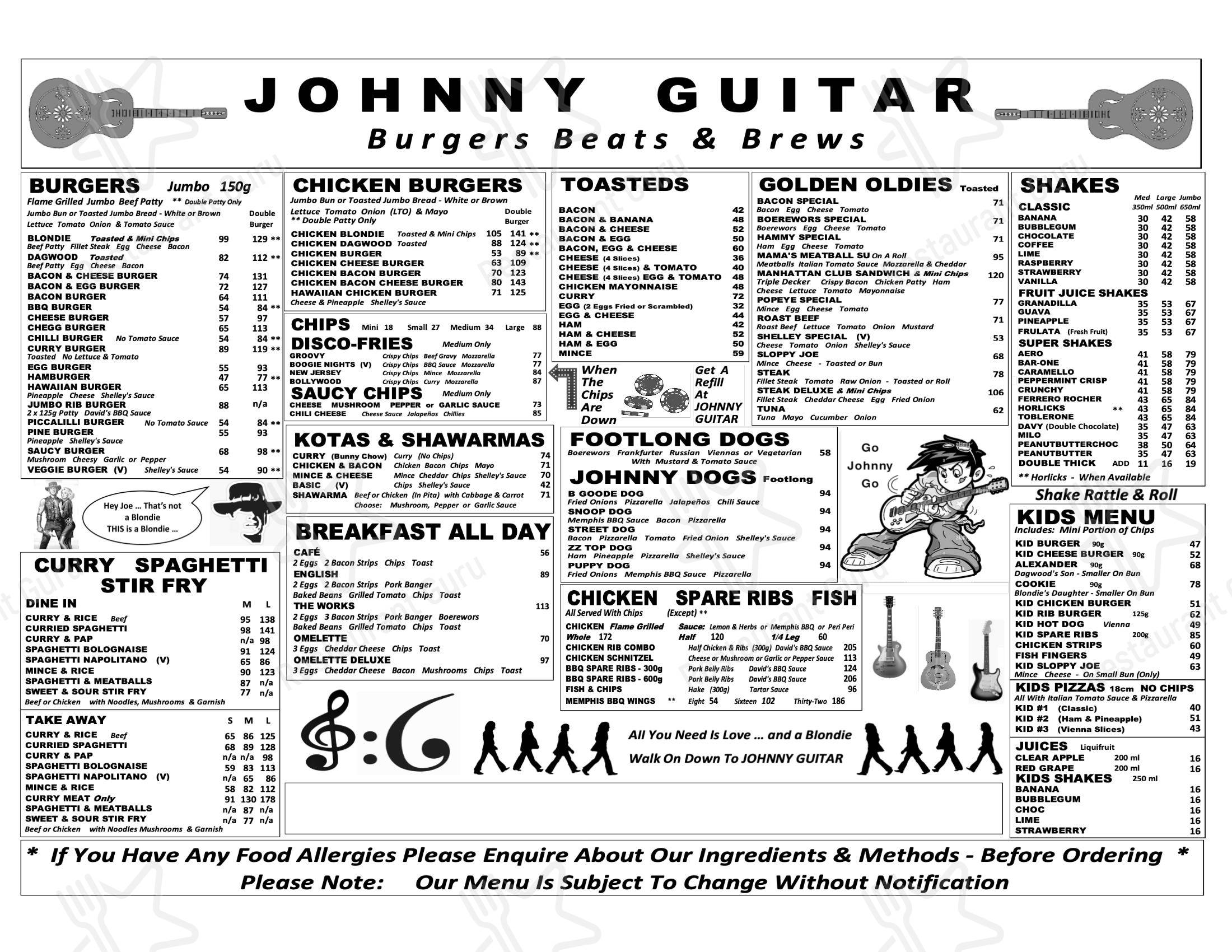 Menu at JOHNNY GUITAR Drive In restaurant, New Redruth