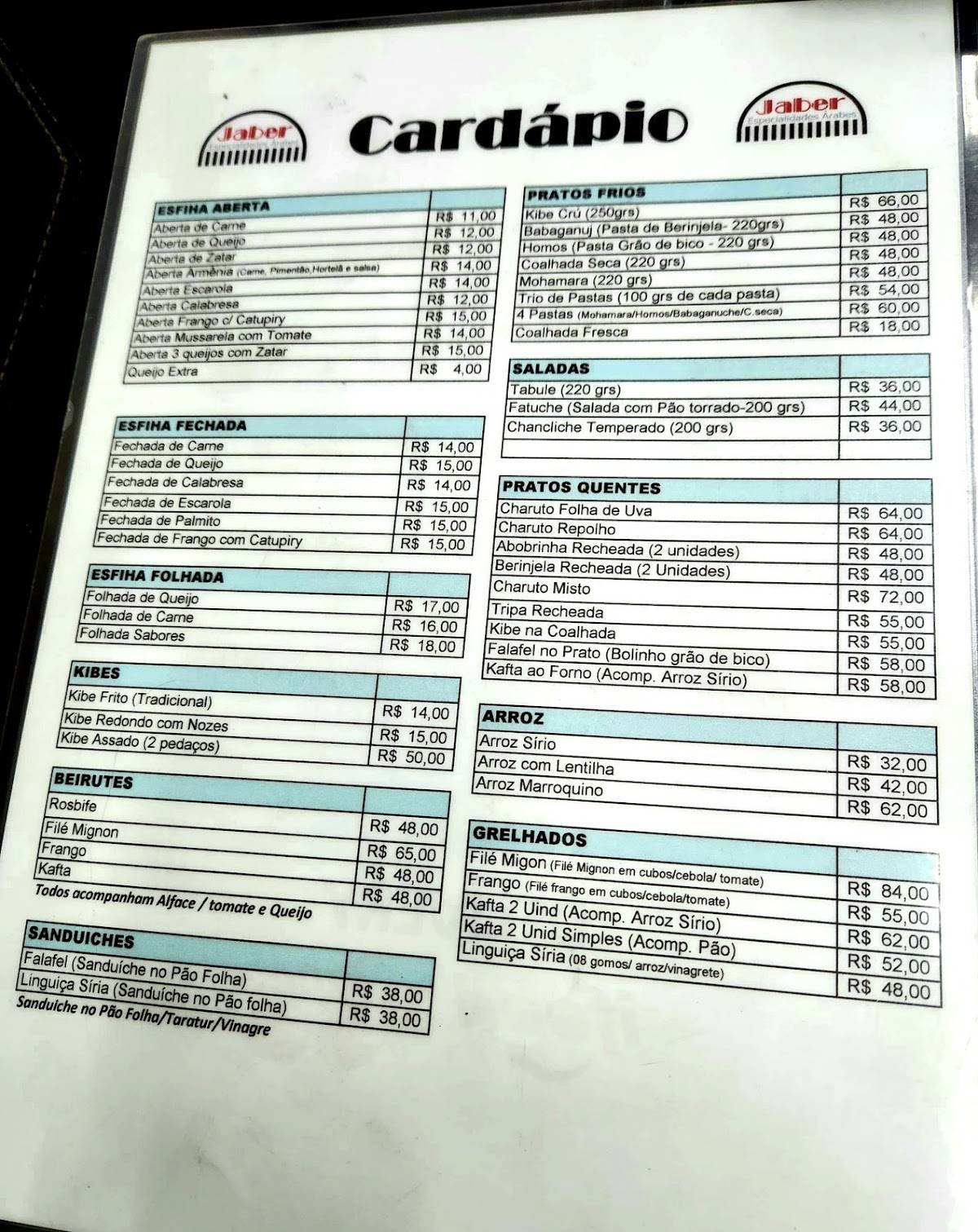 Jaber cardápio