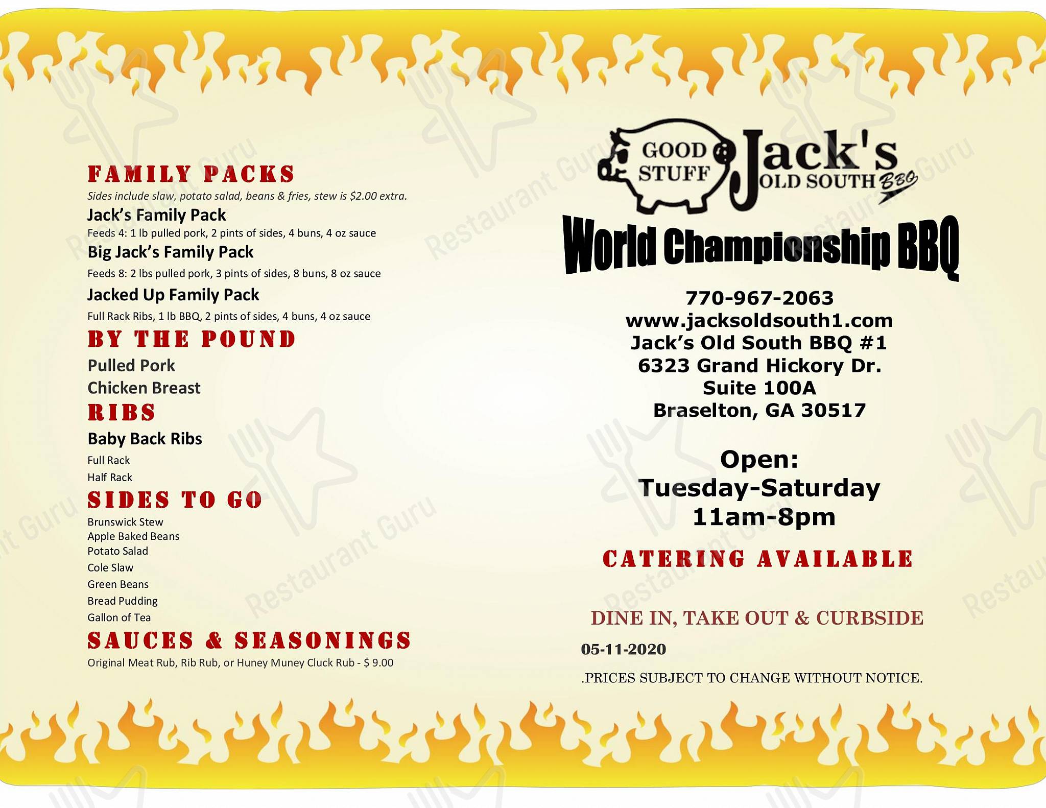 Menu at Jack's Old South BBQ, Braselton