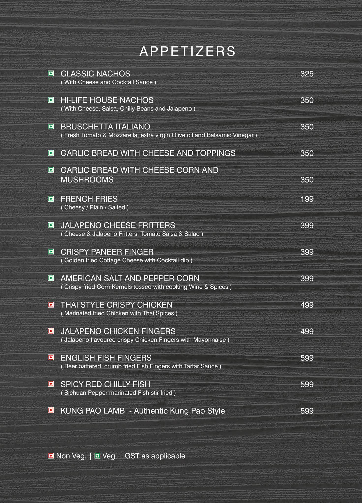 Hi-LiFE The Rooftop Grill menu