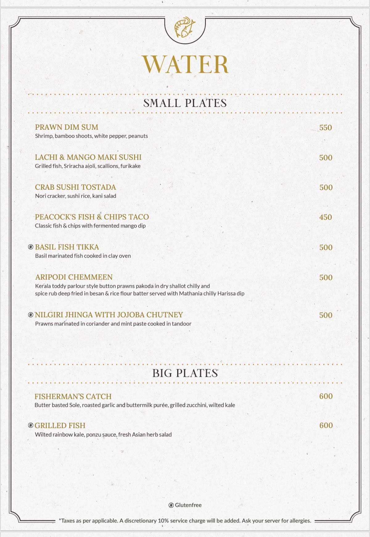 Peacock Restaurant menu