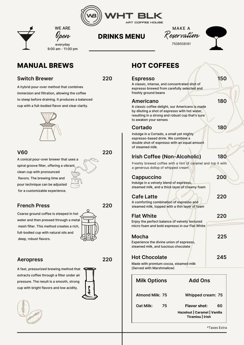 WHT BLK The Art Coffee House menu